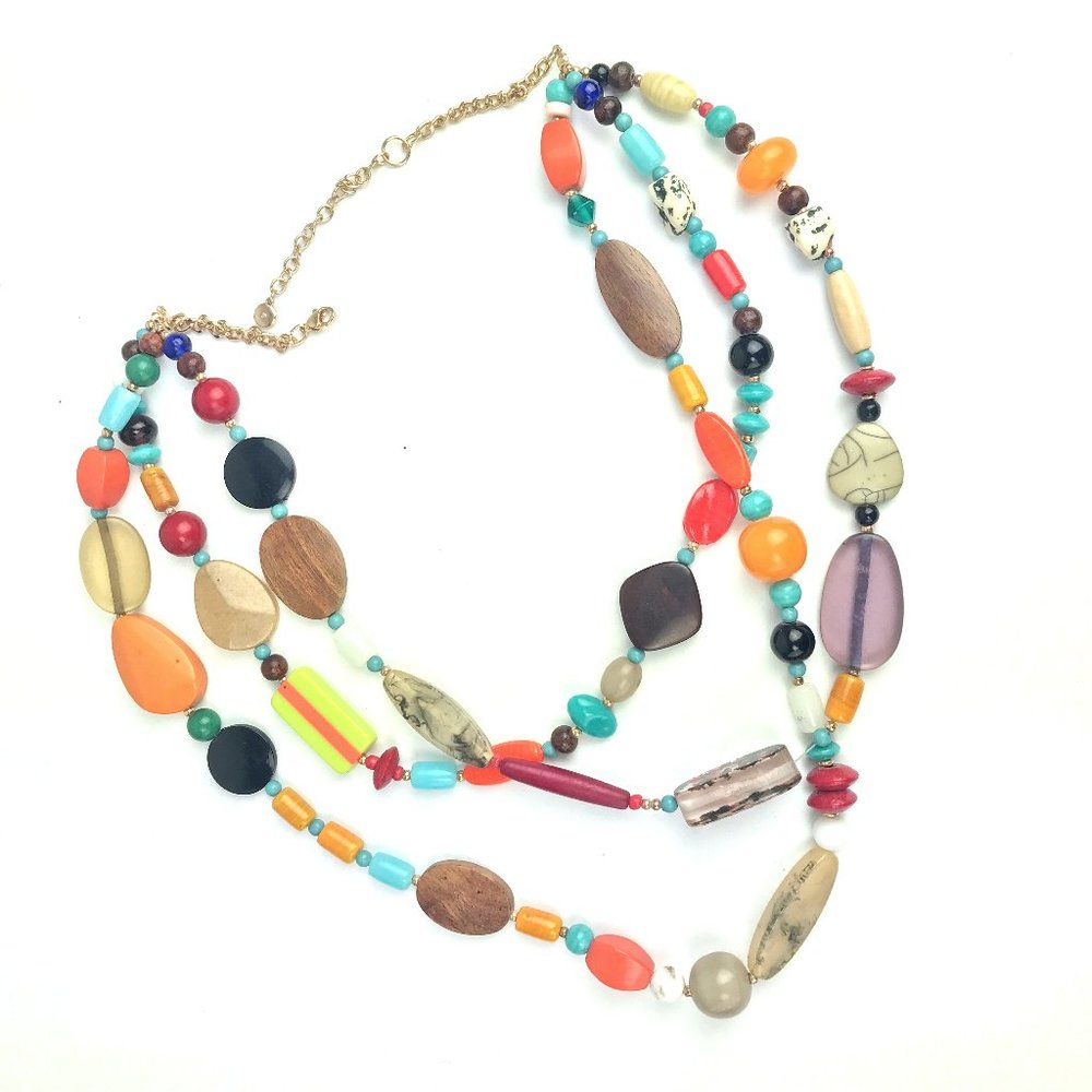 BOHO 3 Strand Wood Acrylic Bead Necklace - Picture 5 of 12